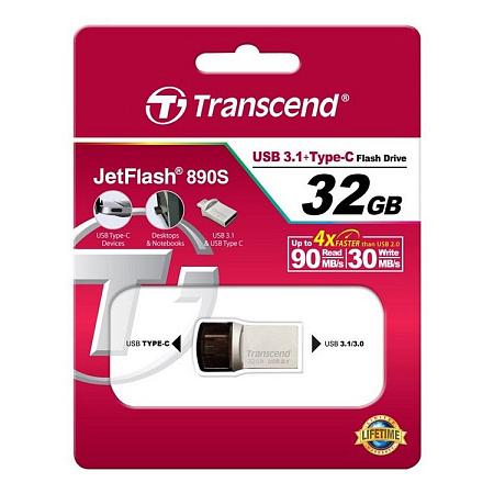 USB Flash накопитель Transcend JetFlash 890, 32Гб, Серебристый