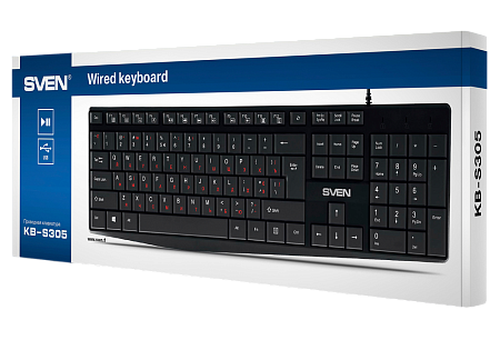 Keyboard SVEN KB-S305, Fn keys, Low profile, Splash proof, 1.5m, USB, EN/RU, Black