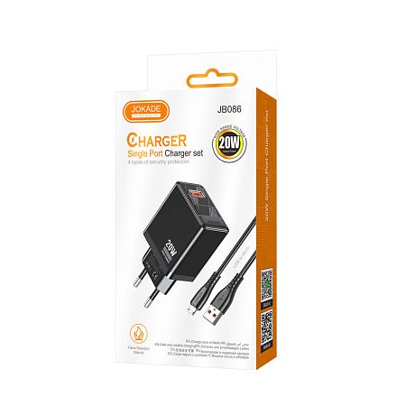 Jokade Wall Charger 1*USB-A 5A,20W with Cable Micro-USB JB086, Black