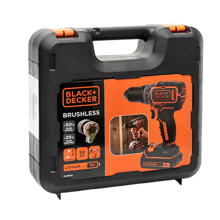 Drill/Driver BRUSHLESS Black+Decker (BL186KB-QW) 18V Li-Ion 2x1.5 Ah + Kitbox, LED,2 Speed 0-1650 rp