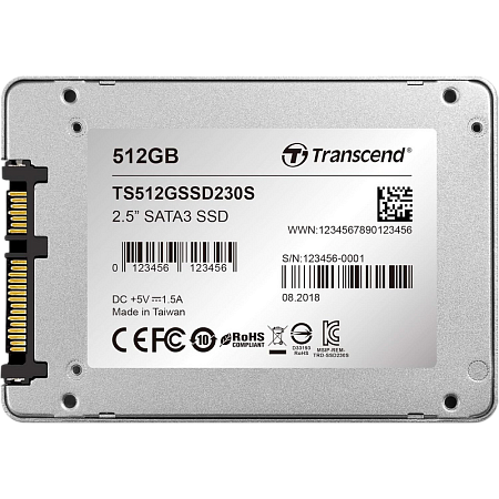 2.5" SATA SSD  512GB   Transcend "SSD230" [R/W:560/520MB/s, 85/85K IOPS, SM2258, 3D NAND TLC]