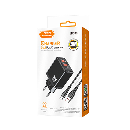 Jokade Wall Charger 2*USB-A 5A,20W with Cable Type-C JB088, Black Jokade Wall Charger 2*USB-A 5A,20W with Cable Type-C JB088, Black