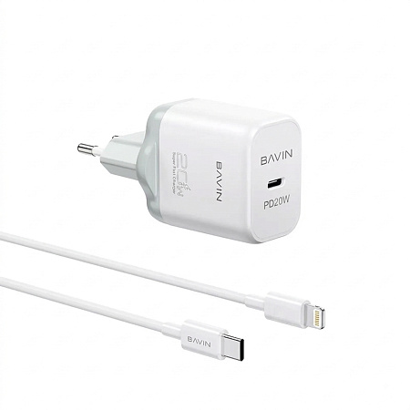 BAVIN Wall Charger PD 20W Fast Charge + Cable Type-C to Lightning, White