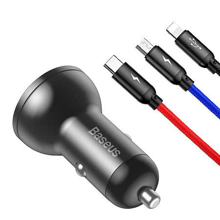 Baseus Car Charger 2xUSB Fast Charge 24W (with Cable 3 in 1), Black Suit Grey