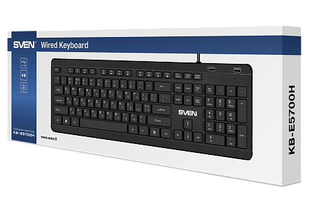 Keyboard SVEN KB-E5700H, Fn keys, Slim design, Splash proof, 2xUSB ports, 1.5m, USB, EN/RU, Black