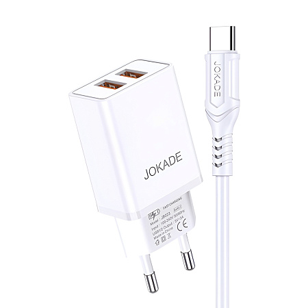 Jokade Wall Charger with Cable USB-A to Type-C Dual Port JB024 3A, White