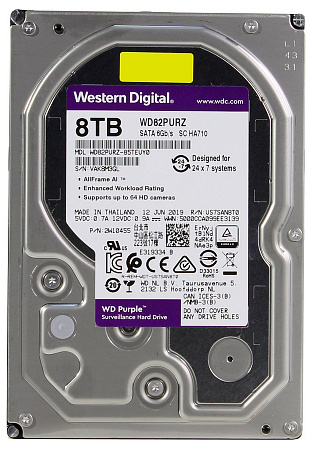 3.5" HDD  8.0TB-SATA-256MB Western Digital  "Purple (WD82PURZ)", Surveillance, CMR