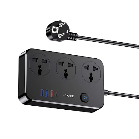 Jokade JB058 3-Outlet Universal Socket with 1C3A USB Ports (EU Plug), 1,5M, Black