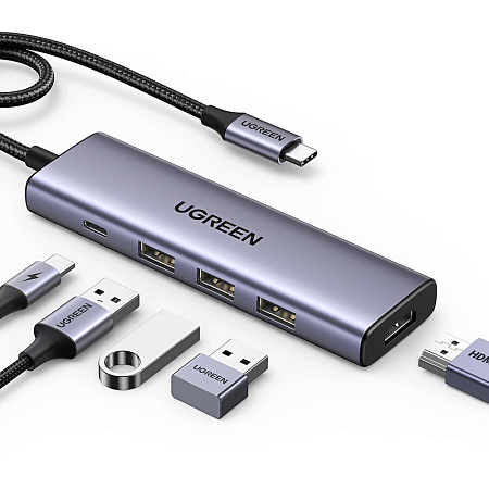 UGREEN HUB 5in1 Type-C to 3*USB 3.2 + HDMI 2.0 + SD card reader + TF card reader + USB Type-C PD 100W | CM511, Gray