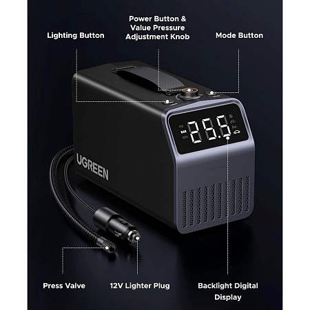 UGREEN Portable Tire Inflator Pro, 4500 mAh Battery, 150 PSI, ET723, Black