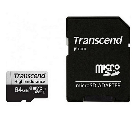 ..64GB MicroSD (Class 10) UHS-I (U1),+SD adapter, Transcend "TS64GUSD350V" (R/W:95/45MB/s, Endurance