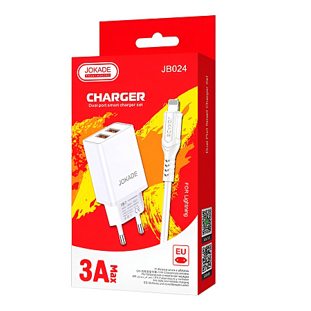 Jokade Wall Charger with Cable USB-A to Lightning Dual Port JB024 3A, White
