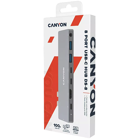 Docking Station Canyon DS-8 for MacBook, 8-in-1, 3xUSB-C, 2xUSB3.0, 2xHDMI, 3.5mm, PD 87W, Aluminum