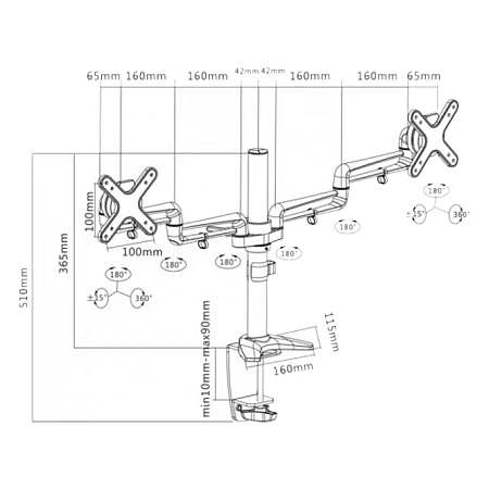 Table/desk stand for 2 monitors Reflecta FLEXO Desk 23-1010D 12"-23", 75x75,100x100, 8kg/bracket.