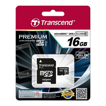 .16GB MicroSD (Class 10) UHS-I (U1) +SD adapter, Transcend "TS16GUSDU1" (R/W:60/16MB/s)