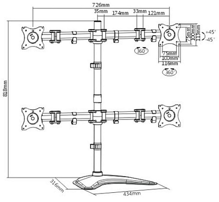 Table/desk stand for 4 monitors ITech MBS-22M, 13"-27 ", 75x75, 100x100, up to 8kg