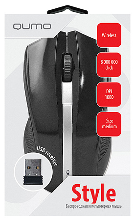 Wireless Mouse Qumo Style, Optical, 1000 dpi, 3 buttons, Ambidextrous, 2xAAA, Black, USB Wireless Mouse Qumo Style, Optical, 1000 dpi, 3 buttons, Ambidextrous, 2xAAA, Black, USB