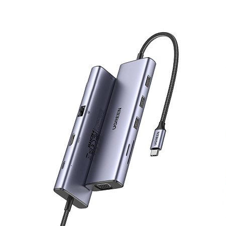 UGREEN HUB 9in1 USB-C to HDMI (4K@60Hz) + VGA+ 3*USB-A 3.0 + Gigabit RJ45 +SD/TF + PD 100W | CM498, Grey