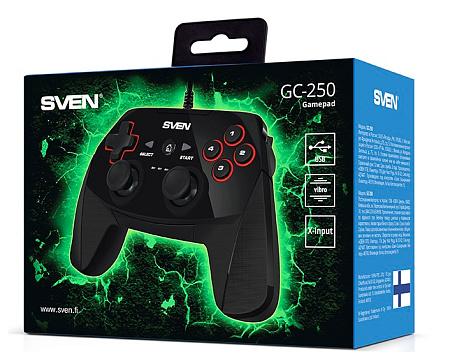 Gamepad SVEN GC-250, 4 axes, D-Pad, 2 mini joysticks, 11 buttons, Vibration feedback, USB, Black Gamepad SVEN GC-250, 4 axes, D-Pad, 2 mini joysticks, 11 buttons, Vibration feedback, USB, Black