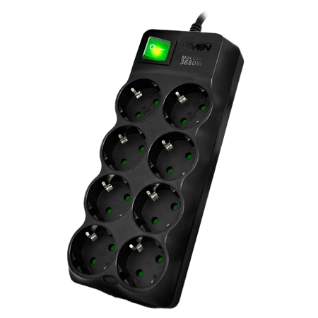 Surge Protector   8 Sockets,  5.0m, Sven "SF-08E-16", Black, flame-retardant material, 16A