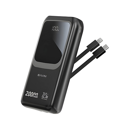 BAVIN Power Bank 20000mAh, 22.5W Fast Charging, Built-in Type-C & Lightning Cables, Black