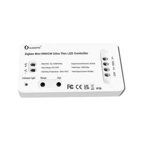 Gledopto ZigBee Pro Ultra Thin Mini LED Strip Controller WW/CW (GL-C-006P(Mini)), DC5~24V, 3A/CH, max 6A output, max 144W output