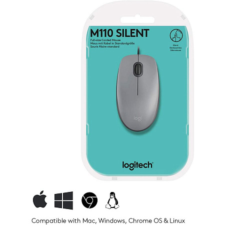 Mouse Logitech M110 Silent, 1000 dpi, 3 buttons, Ambidextrous, 85g., 1,8m, USB, Gray Mouse Logitech M110 Silent, 1000 dpi, 3 buttons, Ambidextrous, 85g., 1,8m, USB, Gray