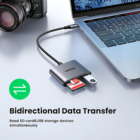 UGREEN Card Reader 3in1 USB-C 3.0 to TF/SD + USB 2.0 | CM387, Gray