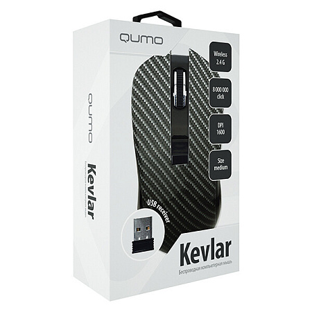 Wireless Mouse Qumo Kevlar, Optical, 800-1600 dpi, 4 buttons, Ambidextrous, 1xAA, Black