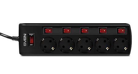 Surge Protector   5 Sockets,  3.0m,   Sven "SF-05PL", BLACK, individual switches, flame-retardant