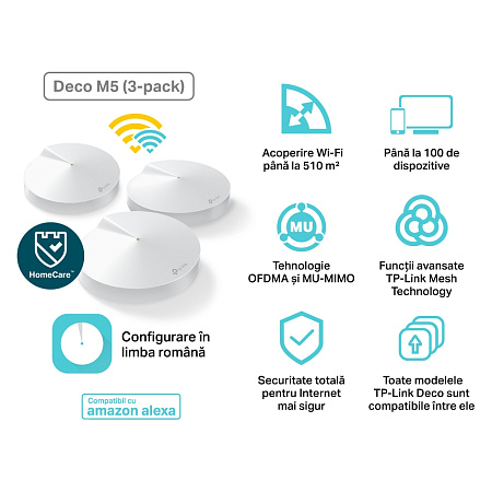 Whole-Home Mesh Dual Band Wi-Fi AC System TP-LINK, "Deco M5(3-pack)", 1300Mbps, MU-MIMO, Gbit, BT Whole-Home Mesh Dual Band Wi-Fi AC System TP-LINK, "Deco M5(3-pack)", 1300Mbps, MU-MIMO, Gbit, BT
