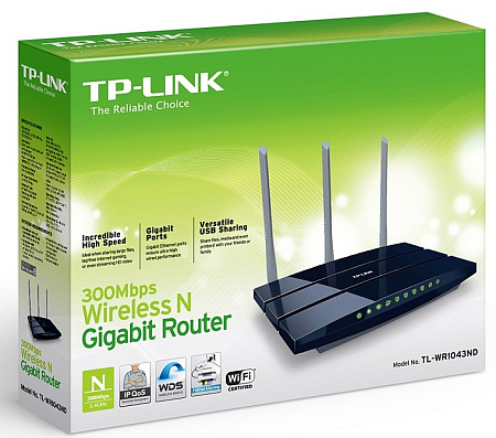 Wi-Fi N TP-LINK Router, "TL-WR1043ND", 450Mbps, Gbit Ports, USB2.0, Print Server, MIMO