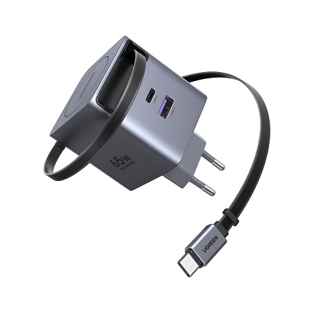 UGREEN GaN Quick Charger 1*Type-C + 1*USB-A with Cable Type-C Retractable, 65W, Black | X615