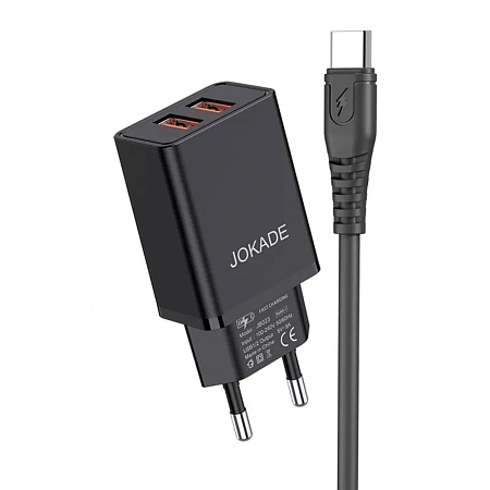 Jokade Wall Charger with Cable USB to Type-C Dual Port 5A Yiyue, Black