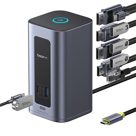 Baseus DS Type-C  to 2*HDMI 2K@60+2*DP2K@60+2*USB-C (10Gbps)+2*USB-A (5Gbps)+2*USB-A (480Mbps)+RJ45+PD 100W Spacemate RD1 Air, Space Grey