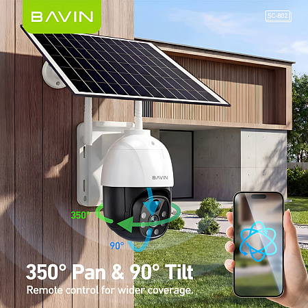 BAVIN Outdoor Solar Security Camera 5MP HD, PTZ (350°/90°), PIR Motion Detection, IP66, White