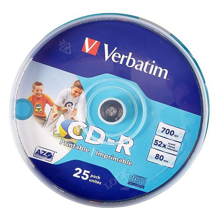 CD-R   Printable  25*Cake, Verbatim, 700MB, 52x, AZO, Printable ID Brand