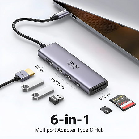 UGREEN Docking Station 6in1 USB-C to 1*HDMI 4K@60Hz + 3*USB-A3.0 + 1*SD + 1*TF | CM511, Gray