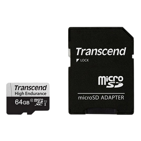 ..64GB MicroSD (Class 10) UHS-I (U1),+SD adapter, Transcend "TS64GUSD350V" (R/W:95/45MB/s, Endurance