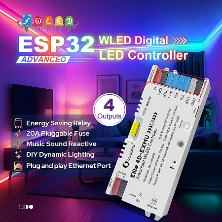 Gledopto Elite 4D-EXMU Advanced ESP32 WLED Digital LED Controller RGB/RGBW/RGBCCT with 4-output, LAN (GL-C-618WL), DC5~24V,max 15A output, max 800ICs
