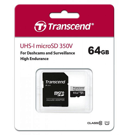 ..64GB MicroSD (Class 10) UHS-I (U1),+SD adapter, Transcend "TS64GUSD350V" (R/W:95/45MB/s, Endurance