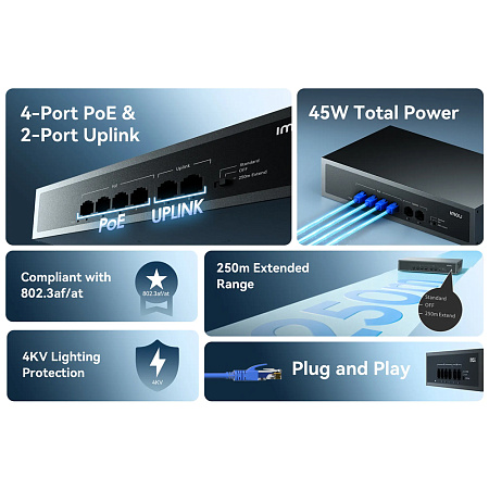 imou Switch 4 Ports PoE& 2 Ports Uplink 45W 250m SF106P, Black