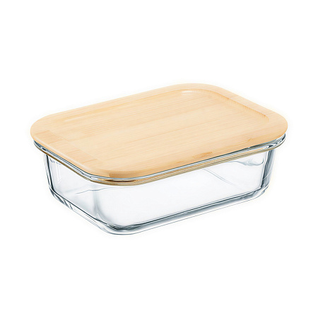 Ambition, Rectangular Borosilicate Glass Container With Bamboo Cover, Natural, 600 Ml, Glass, Wood