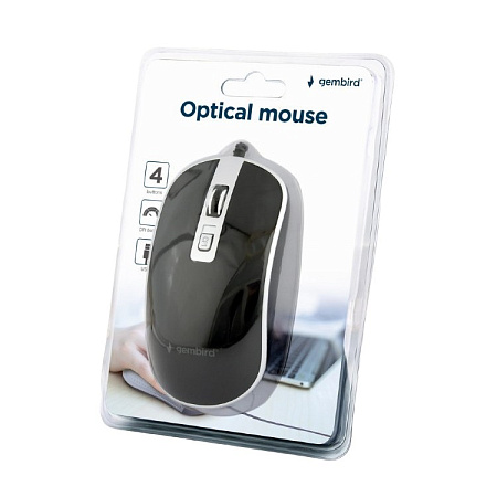 Mouse Gembird MUS-4B-06-BS, 800-1200 dpi, 4 buttons, Ambidextrous, 1.35m, Black/Silver, USB
