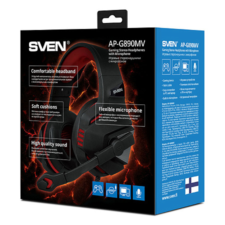 Игровая Гарнитура SVEN AP-G890MV, Проводной аналоговый, Чёрный/Красный