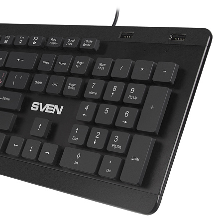 Keyboard SVEN KB-E5700H, Fn keys, Slim design, Splash proof, 2xUSB ports, 1.5m, USB, EN/RU, Black