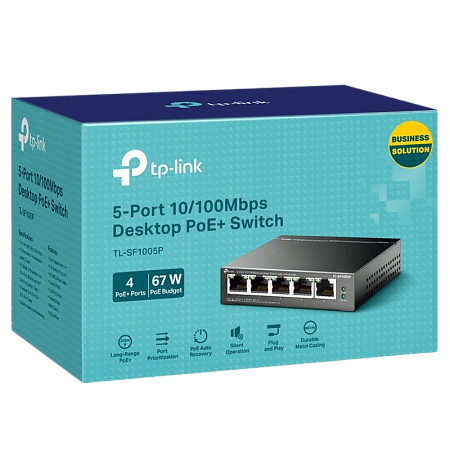 .5-port 10/100M TP-LINK PoE Switch, TL-SF1005P, with 4 Port PoE, 67W Budget, steel case .5-port 10/100M TP-LINK PoE Switch, TL-SF1005P, with 4 Port PoE, 67W Budget, steel case