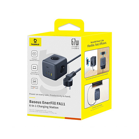 Baseus Power Strip Cube 67W 3AC+1*USB-A+1*Type-C 1,5M, EnerFill FA11, Cosmic Black