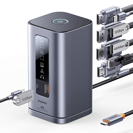 Baseus DS Type-C to 2*HDMI 4K@60Hz+2*DP 4K@60Hz+2*USB-A (10Gbps)+1*USB-C (10Gbps)+1*RJ45+1*USB-A (480Mbps)+1*USB-C (PD)+1*3.5mm Audio+Charger(EU)