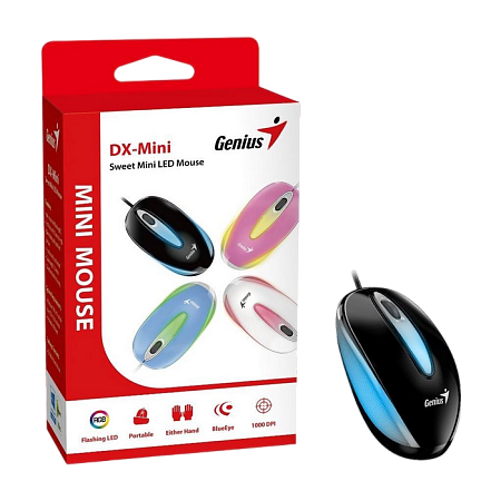 Mouse Genius DX-Mini, 1000 dpi, 3 buttons, Ambidextrous, 65g, 1.5m, Backlight, Black, USB